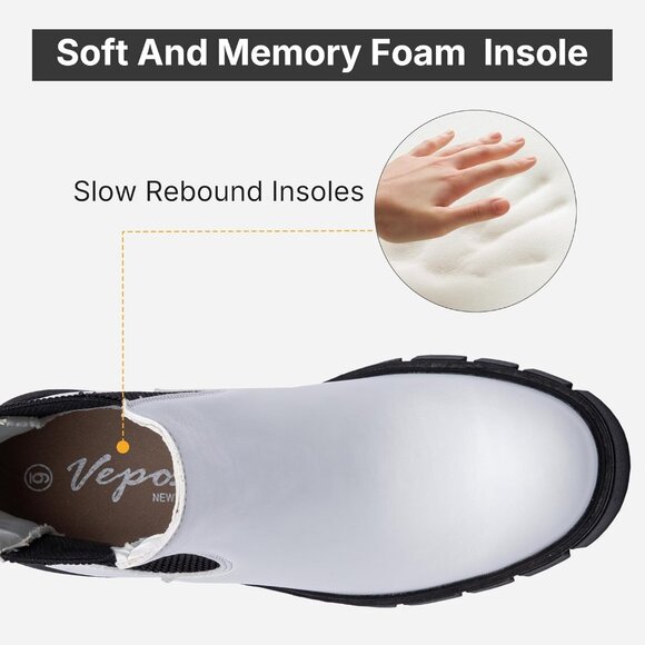 Vepose Women's White Faux Leather Lug Sole Elastic Slip on Ankle Booties - Picture 4 of 9